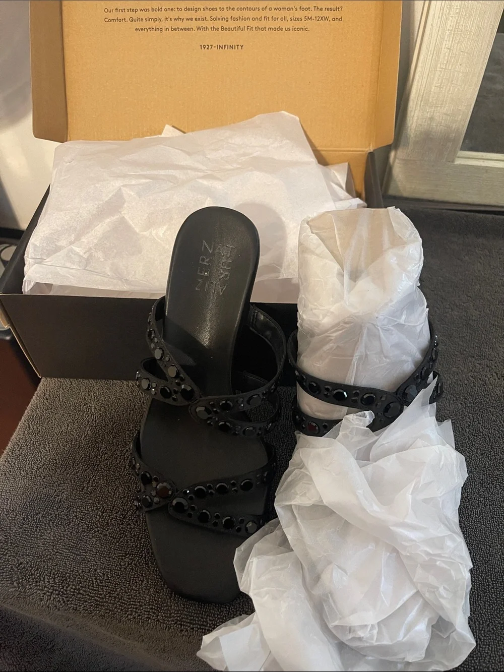 Black Embellished Slide Sandals by Naturalizer 8W, kimi. Beautiful sandals